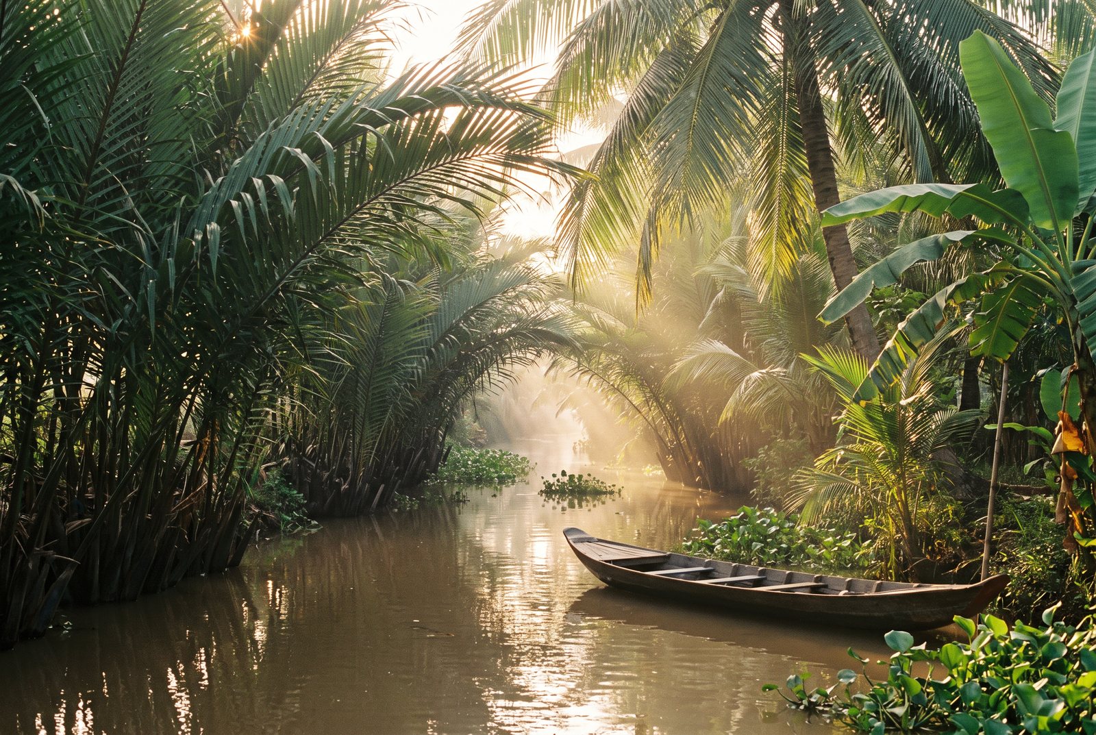A coconut canal in the Mekong Delta at sunrise